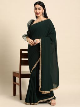 Ethnovog - Green Silk Saree with Black Embellished Unstitched Blouse