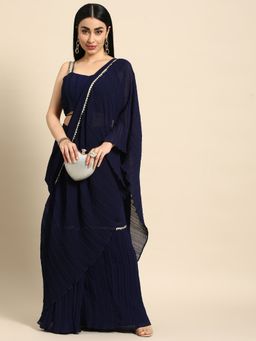 Ethnovog - Navy Blue Georgette Saree with Navy Blue Embellished Unstitched Blouse