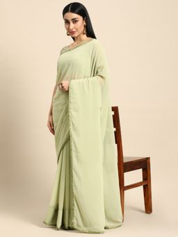 Ethnovog - Green Net Saree with Green Printed Unstitched Blouse