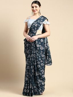 Ethnovog - Black Georgette Saree with Grey Printed Unstitched Blouse