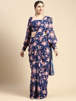 Ethnovog - Blue Georgette Saree with Blue Printed Unstitched Blouse