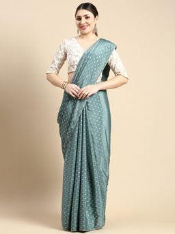 Ethnovog - Teal Nylon Saree with Cream Printed Unstitched Blouse
