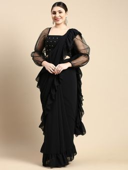 Ethnovog - Black Georgette Saree with Black Embroidered Unstitched Blouse