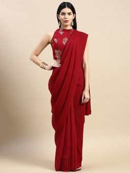 Ethnovog - Maroon Georgette Saree with Maroon Embellished Unstitched Blouse