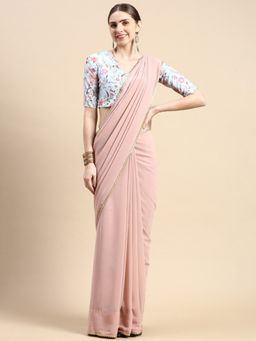 Ethnovog - Pink Silk Saree with Blue Printed Unstitched Blouse