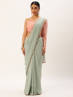 Ethnovog - Green Organza Saree with Peach Embroidered Unstitched Blouse