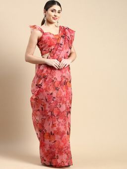 Ethnovog - Pink Organza Saree with Pink Printed Unstitched Blouse