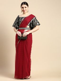 Ethnovog - Maroon Georgette Saree with Black Printed Unstitched Blouse