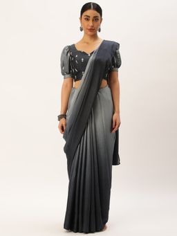 Ethnovog - Grey Silk Saree with Black Embroidered Unstitched Blouse