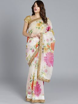 Ethnovog - White Georgette Saree with Gold Embellished Unstitched Blouse