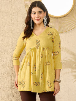 Vaamsi - Yellow Cotton Blend Floral Printed Regular Top