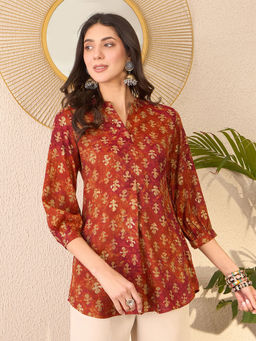Vaamsi - Rust Cotton Blend Ethnic Motifs Printed Top