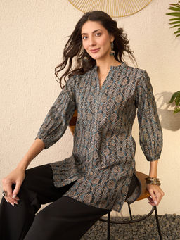 Vaamsi - Grey Cotton Blend Ethnic Motifs Printed Regular Top