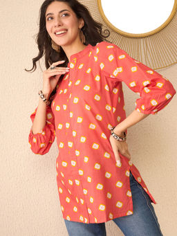 Vaamsi - Orange Cotton Blend Shibori Printed Regular Top