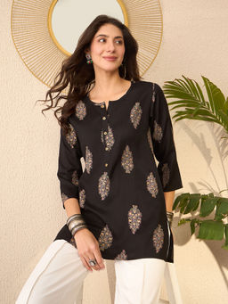 Vaamsi - Black Cotton Blend Floral Printed Regular Top