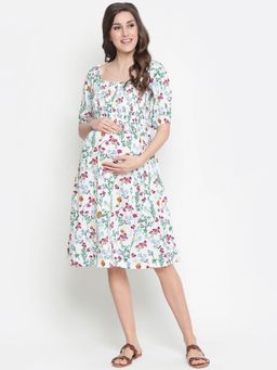 Oxolloxo - Polished White Floral Print Ruffled Maternity Smokced Dress