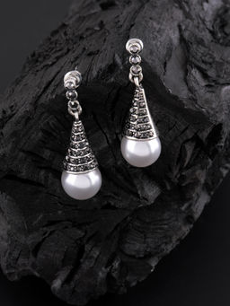 E2O - Black & Silver-Toned Teardrop Shaped Drop Earring