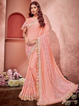 Odette - Pink Lycra Fancy Net Designer Saree with Unstitched Blouse