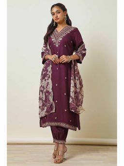 Soch - Women Embroidered Wine Regular Fit Kurta with Salwar and Dupatta (Set of 3)