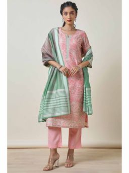 Soch - Women Floral Printed Pink Regular Fit Kurta with Pant and Dupatta (Set of 3)