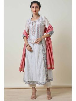 Soch - Women Floral Printed Off White A-Line Kurta with Pant and Dupatta (Set of 3)
