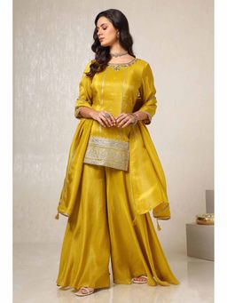 Soch - Women Embroidered Mustard Comfortable Kurti with Palazzo and Dupatta (Set of 3)