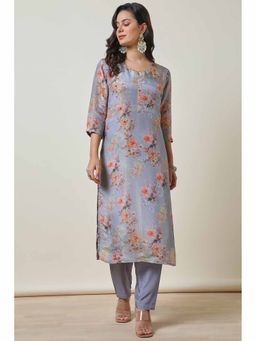 Soch - Women Floral Printed Blue Regular Fit Kurta with Pant (Set of 2)
