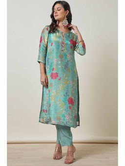 Soch - Women Floral Printed Turquoise Regular Fit Kurta with Pant (Set of 2)