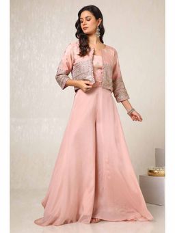 Soch - Women Embroidered Pink Crop Top and Jacket and Palazzo (Set of 3)