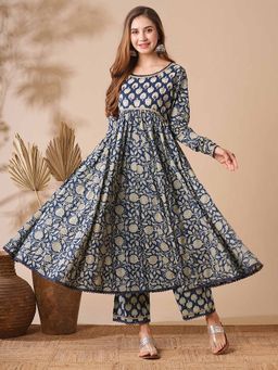 FASHOR - Women Floral Printed Navy Blue Empire Fit Anarkali Kurta with Pant (Set of 2)