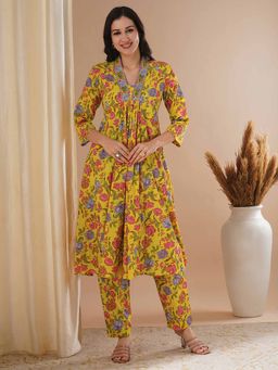 FASHOR - Women Floral Printed Yellow A-Line Kurta with Pant (Set of 2)