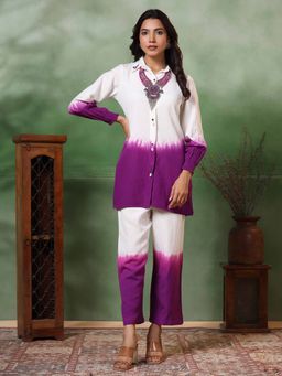 FASHOR - Women Ombre Purple Straight Fit Co-Ord with Neckpiece (Set of 3)