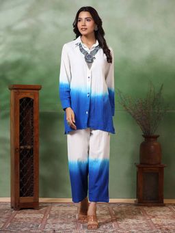 FASHOR - Women Ombre Blue Straight Fit Co-Ord with Neckpiece (Set of 3)
