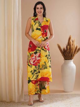 FASHOR - Women Floral Printed Yellow A-Line Kurta with Palazzo (Set of 2)