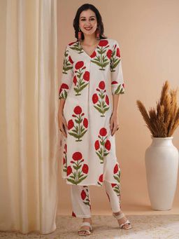 FASHOR - Women Floral Printed Red A-Line Kurta with Pant (Set of 2)