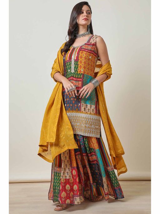 Soch Women Mustard Kurta with Pair Of Unstitched Sleeves, Sharara and Dupatta (Set of 4)