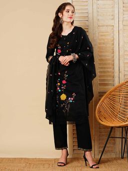 FASHOR - Women Embroidered Black Straight Fit Kurta with Pant and Dupatta (Set of 3)