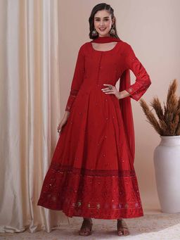 FASHOR - Women Embroidered Red Empire Fit Anarkali Kurta with Pant and Dupatta (Set of 3)