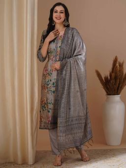 FASHOR - Women Floral Printed Grey Straight Fit Kurta with Pant and Dupatta (Set of 3)