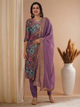 FASHOR - Women Floral Printed Lavender Straight Fit Kurta with Pant and Dupatta (Set of 3)