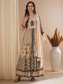 FASHOR - Women Embroidered Beige A-Line Kurta with Palazzo and Dupatta (Set of 3)
