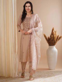 FASHOR - Women Embroidered Beige Straight Fit Kurta with Pant and Dupatta (Set of 3)