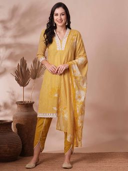 FASHOR - Women Stripes Yellow A-Line Kurta with Dhoti and Dupatta (Set of 3)