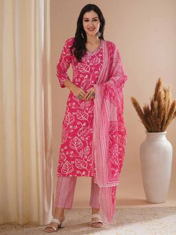 FASHOR - Women Printed Pink Straight Fit Kurta with Pant and Dupatta (Set of 3)