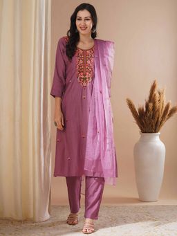 FASHOR - Women Embroidered Purple Straight Fit Kurta with Pant and Dupatta (Set of 3)