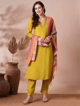 FASHOR - Women Solid Yellow Straight Fit Kurta with Pant and Dupatta (Set of 3)