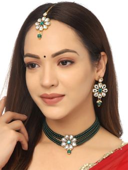 Yellow Chimes - Gold Plated Green Floral Charmed Chokker Jewellery set with maangtikka