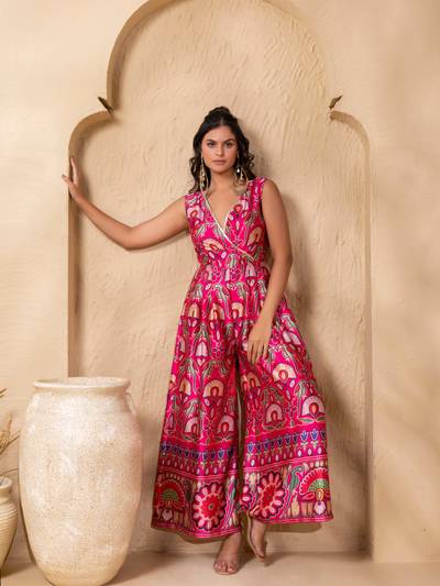 Pink Overlap Neck Wide Legged Jumpsuit