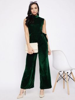 Uptownie - Stretchable Velvet Green Jumpsuit