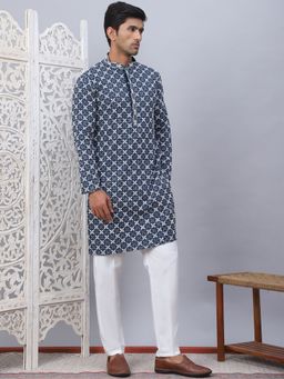 Jompers - Men Dark Blue Embroidered Kurta with Pyjama